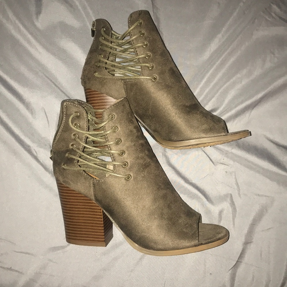 Olive open toe booties